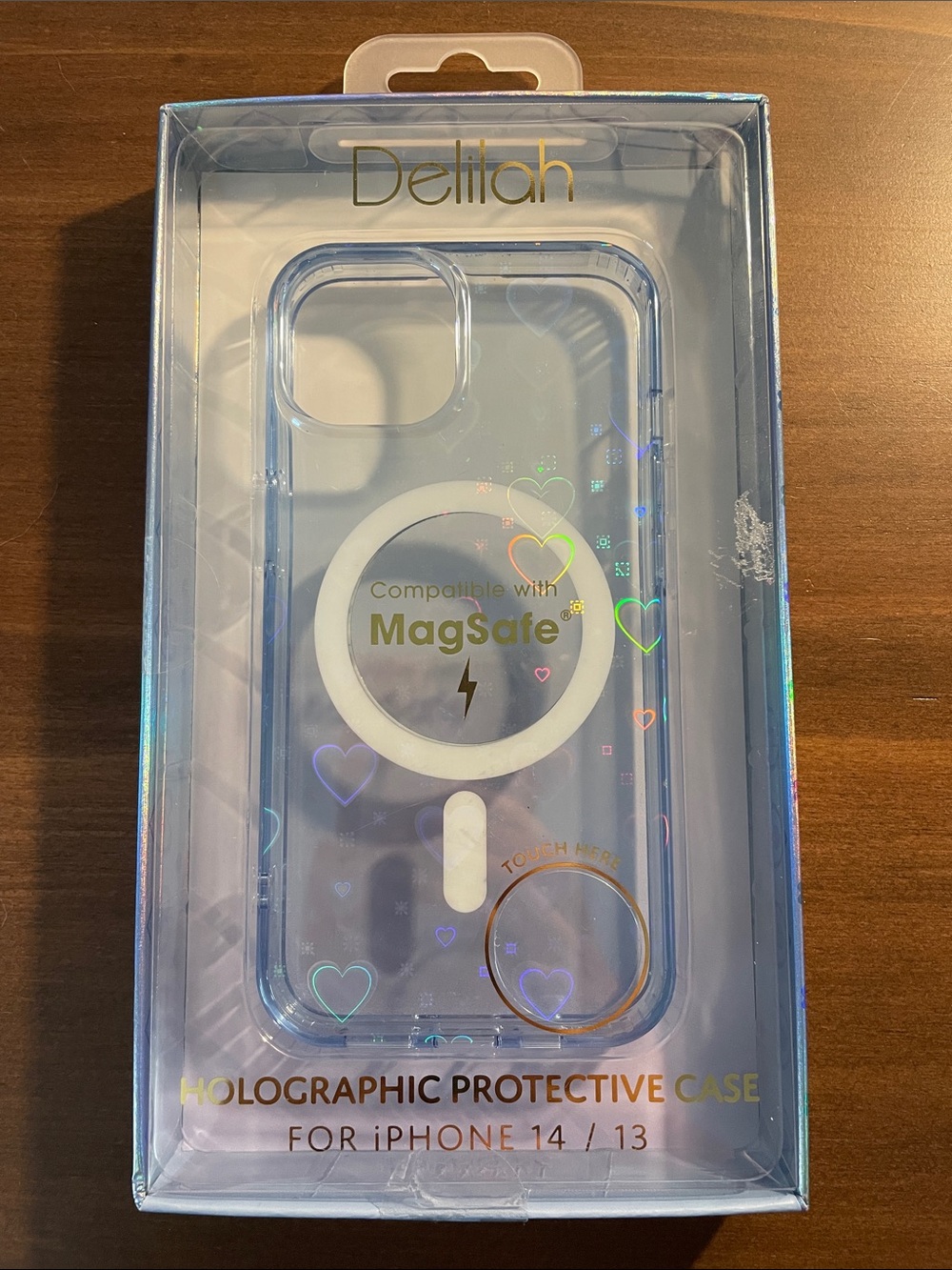 Holographic Clear MagSafe Case — Light Blue with Rainbow Heart Accents